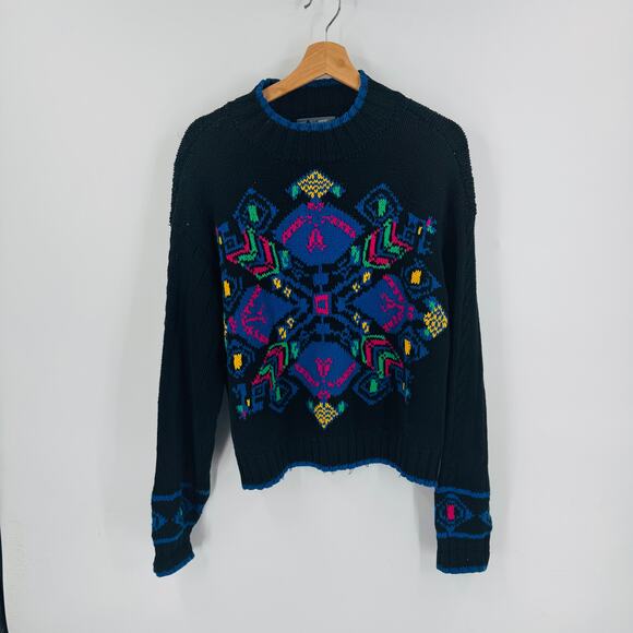 Vintage Liz Wear Knit Crewneck Bright Geo Pattern Black Sweater Size S Small - Picture 6 of 6